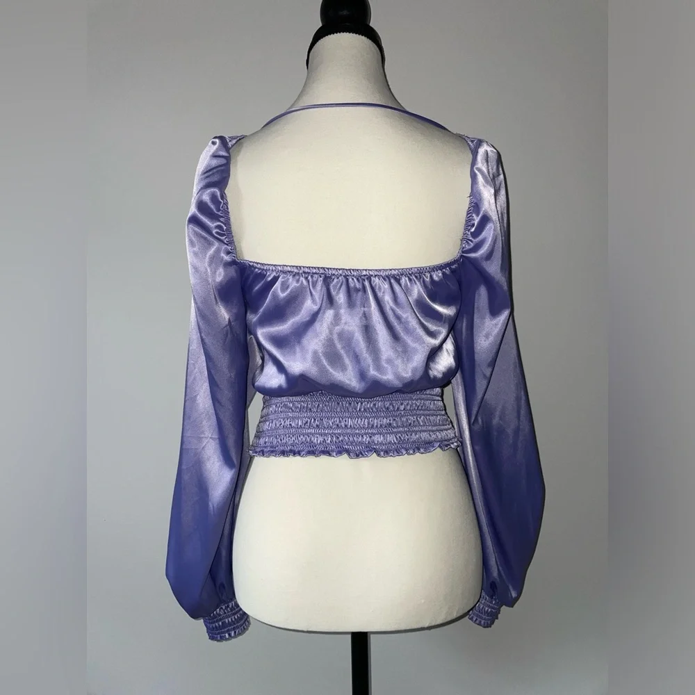 AFRM Purple Satin Long Puff Sleeve Smocked Cropped Blouse - Picture 2 of 3